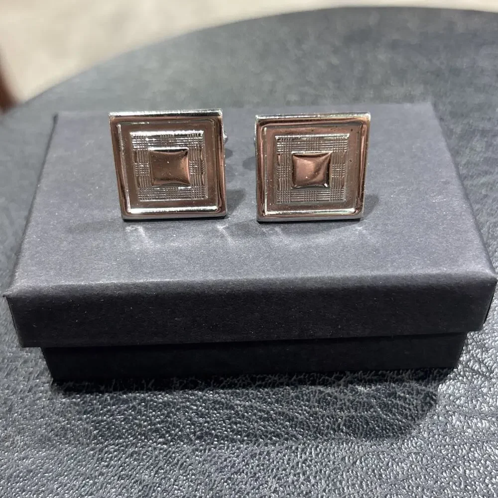 Vintage Mid Century Silver Tone Geometric Cufflinks Mens Formal Jewelry With Box